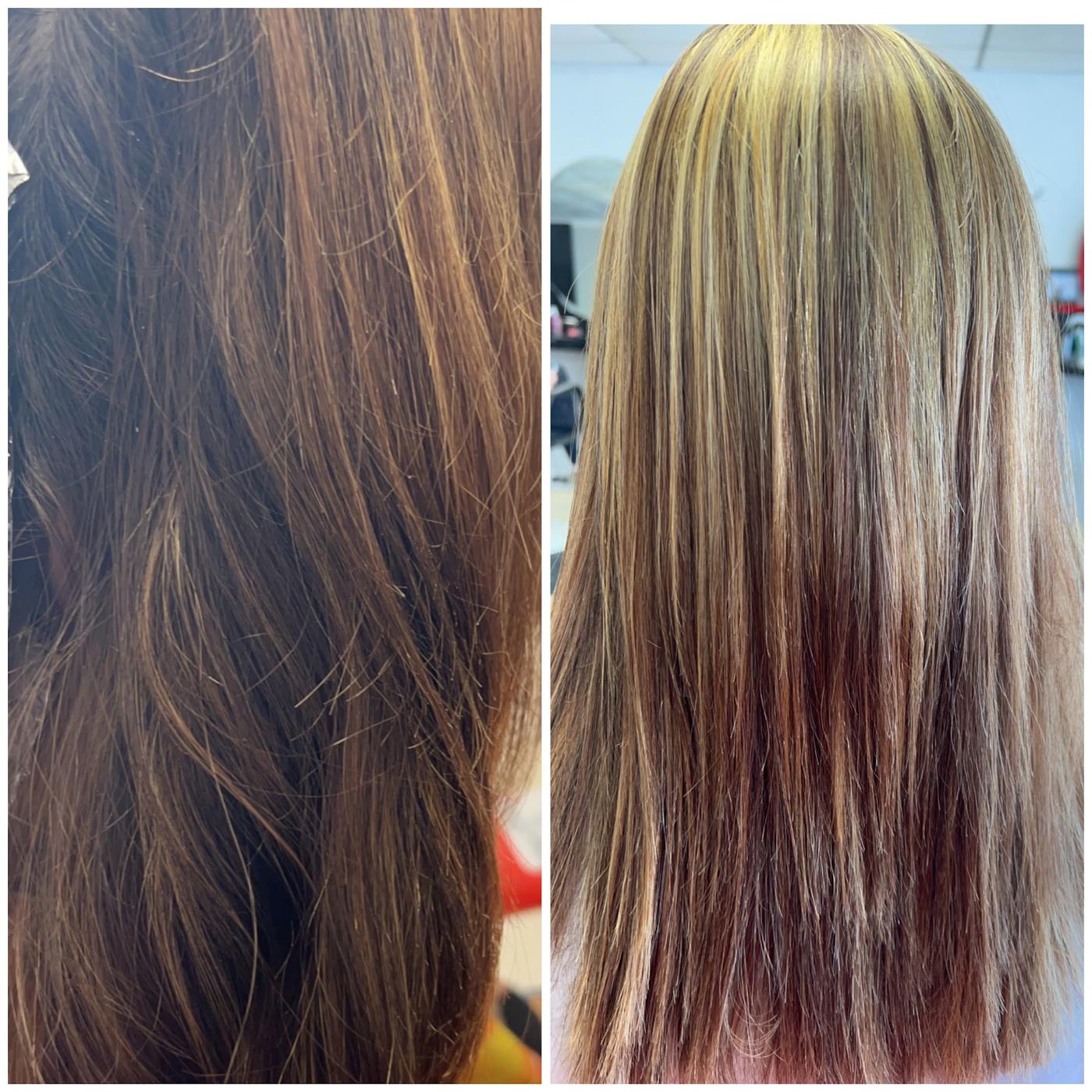 Before and after blonde highlight color at Levels Up
